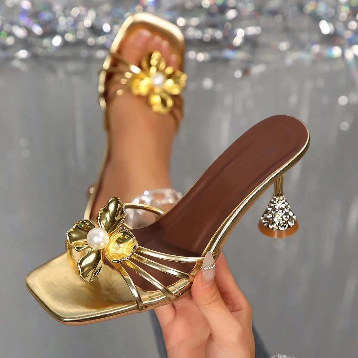 Summer Clothing Items - Vintage Metal Flower Crystal Cone Heel