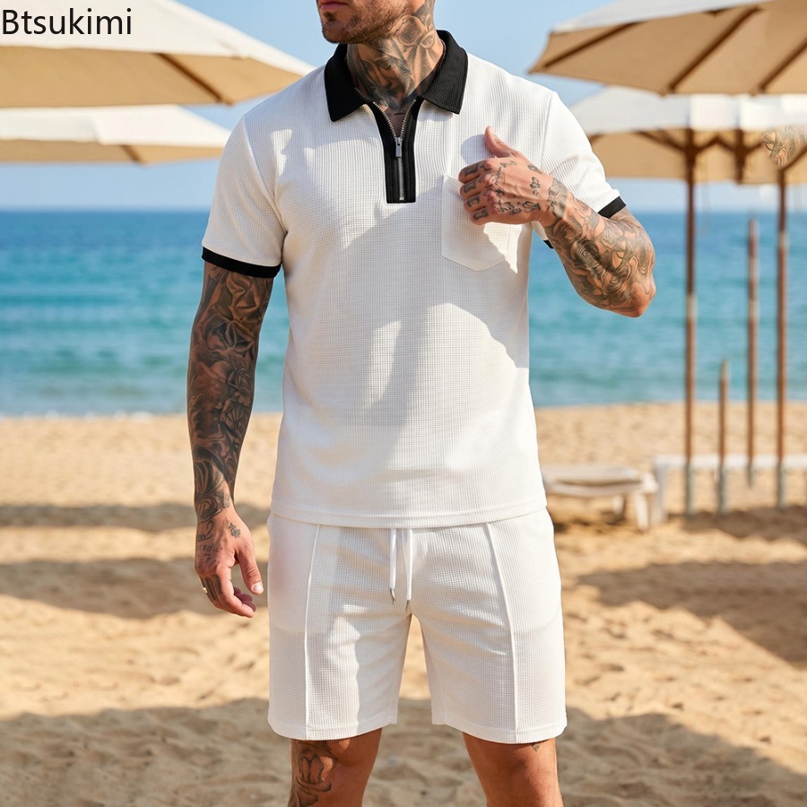 Summer Clothing Wear - Mens Waffle Collar Polo Short Sleeved